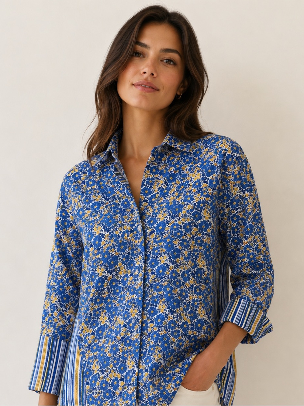 Habitat L Floral Stripe Oversized Button Down Blouse Cottagecore Comfy Stretchy